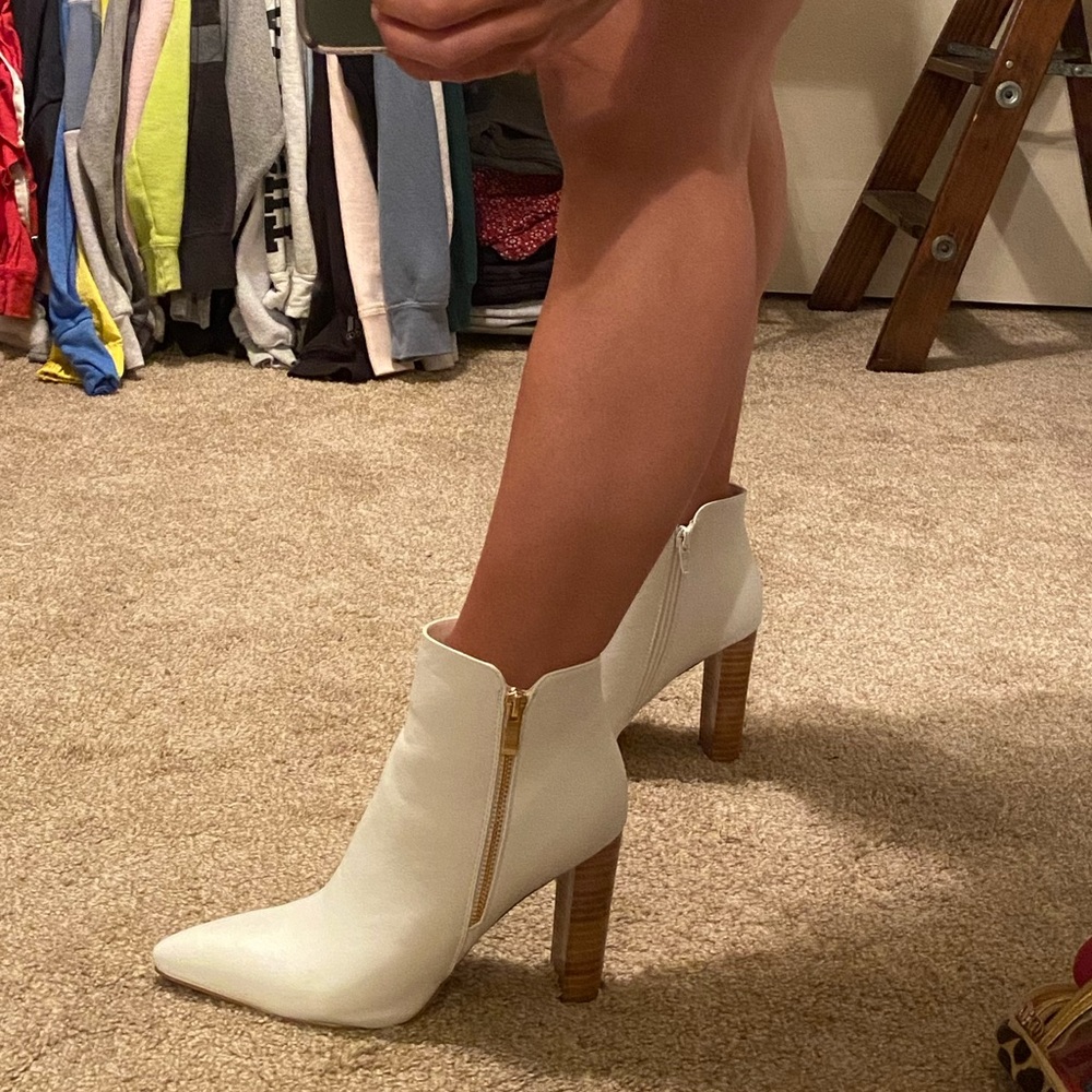White bootie with wooden heal
